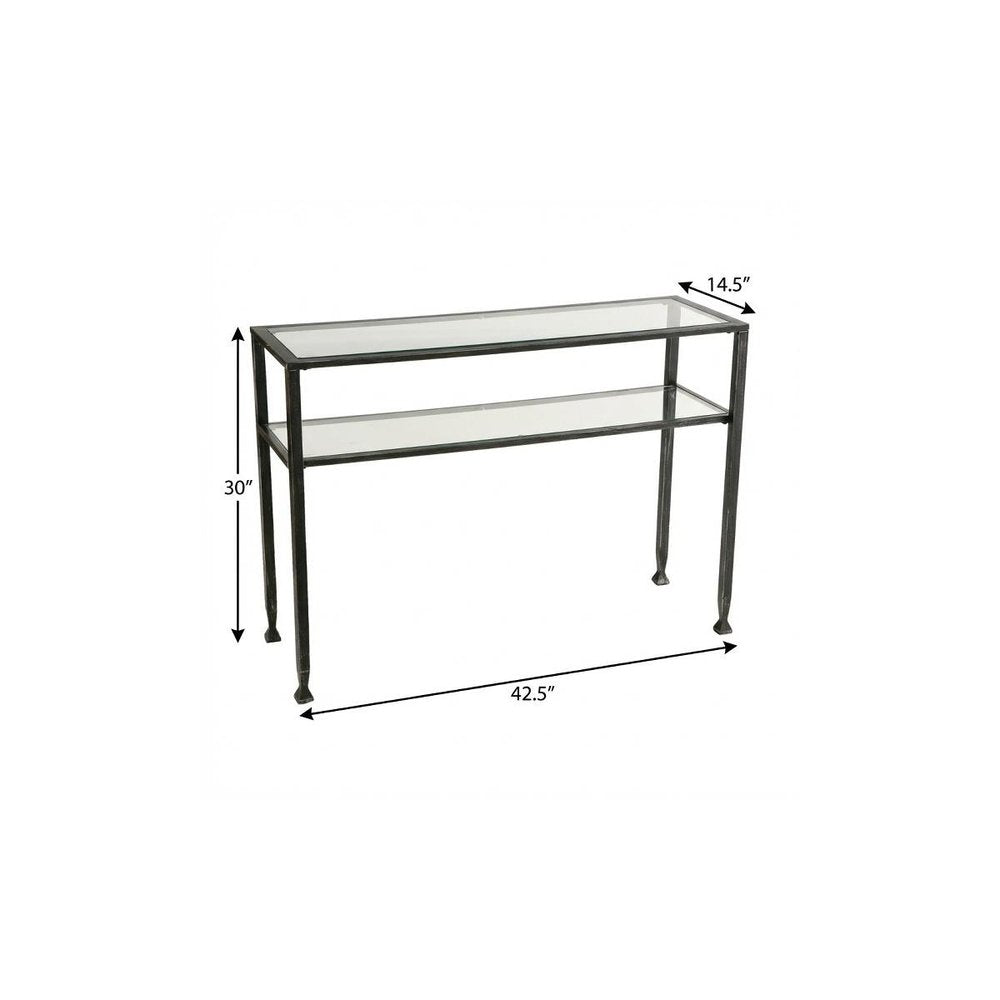 43" Clear and Black and Silver Glass Distressed Console Table With Storage