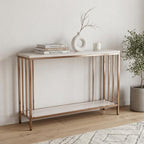 48" Champagne and Gold Faux Stone Floor Shelf Console Table With Storage