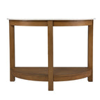 42" White and Natural Faux Marble Half Circle Three Leg Console Table With Shelves