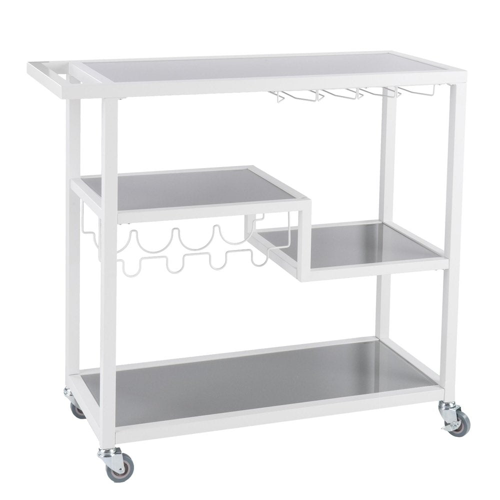 Gray and White Metal And Glass Rolling Bar Cart With Wine Storage