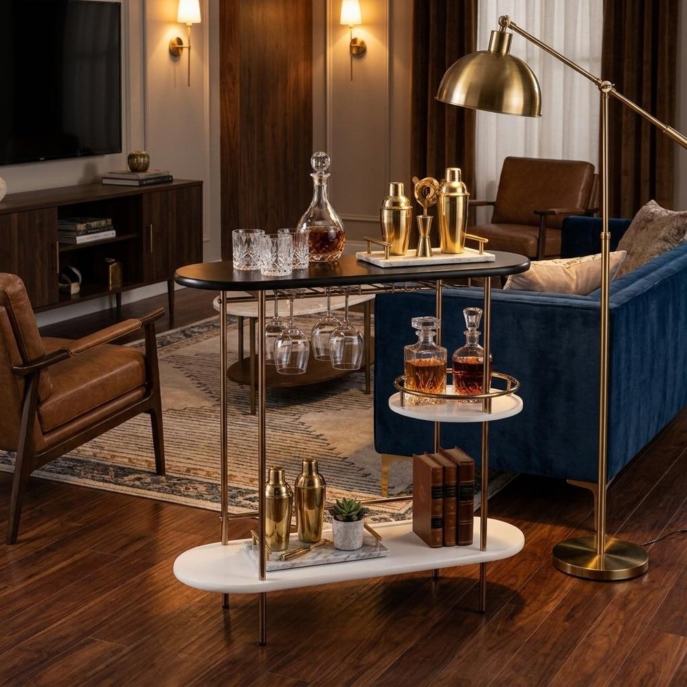 Gold Black and White Metal Oval Bar Cart With Wine Storage