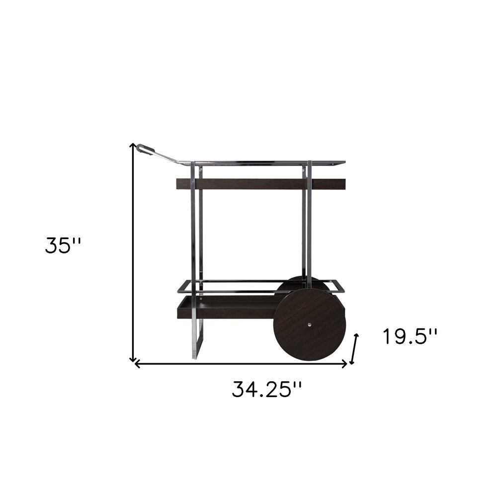 34" Brown And Silver Iron and Wood Rolling Bar Cart