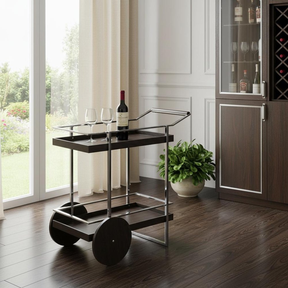 34" Brown And Silver Iron and Wood Rolling Bar Cart