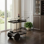34" Brown And Silver Iron and Wood Rolling Bar Cart