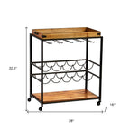 Brown and Black Metal And Solid Wood Rolling Bar Cart With Wine Storage