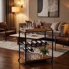Brown and Black Metal And Solid Wood Rolling Bar Cart With Wine Storage