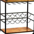 Brown and Black Metal And Solid Wood Rolling Bar Cart With Wine Storage