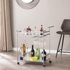 29" Silver Metal and Mirrored Glass Rolling Bar Cart With Wine Storage