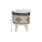 18" Beige and Brown Cotton Abstract Round Footstool
