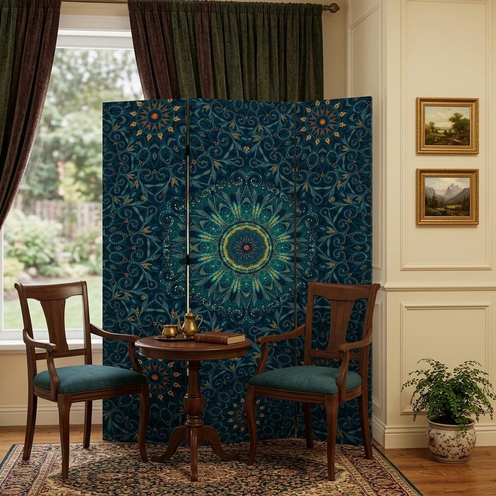 Blue Boho Mandala Three Panel Room Divider Screen