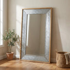 84" Gray And Brown Galvanized Metal and Wood Framed Leaning Accent Mirror