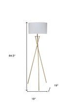 65" Gold And White Tripod Floor Lamp With White Fabric Drum Shade