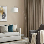 86" White And Silver Arc Floor Lamp With White Drum Shade