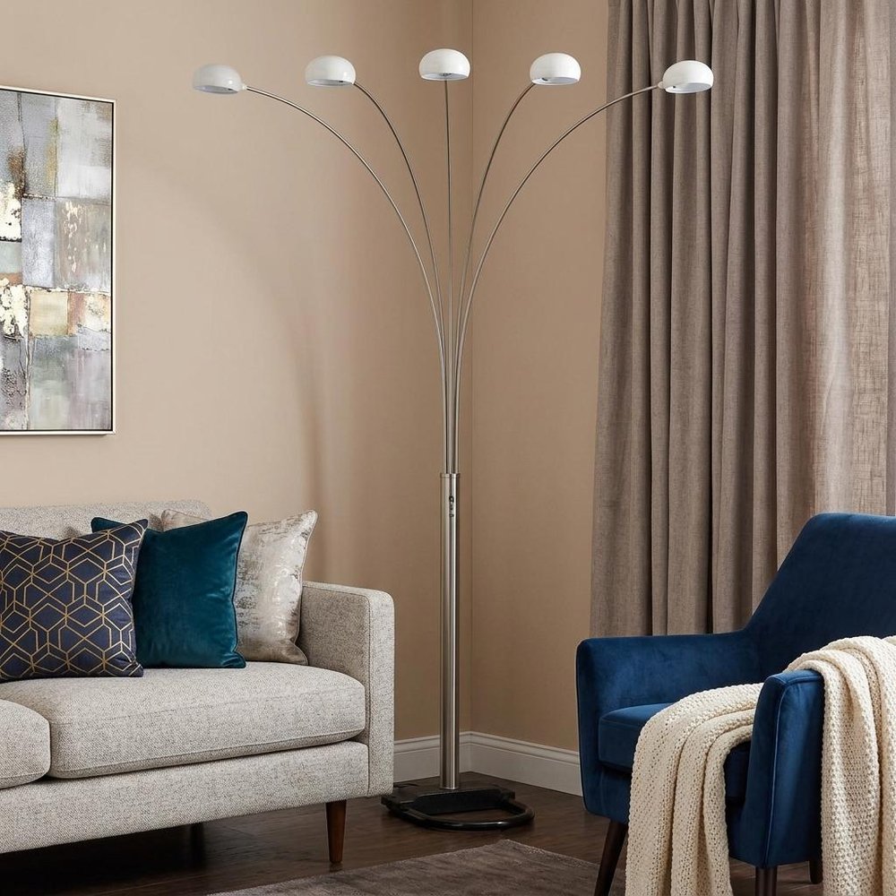 84" White Five Light Arc Floor Lamp With White Dome Shade