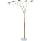 84" Gold And White Five Light Arched Floor Lamp With White Acrylic Drum Shade