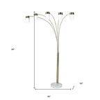 84" Gold And White Five Light Arched Floor Lamp With White Acrylic Drum Shade