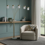84" Gold And White Five Light Arched Floor Lamp With White Acrylic Drum Shade