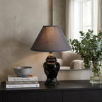 13" Black Ceramic Bedside Table Lamp With Black Shade