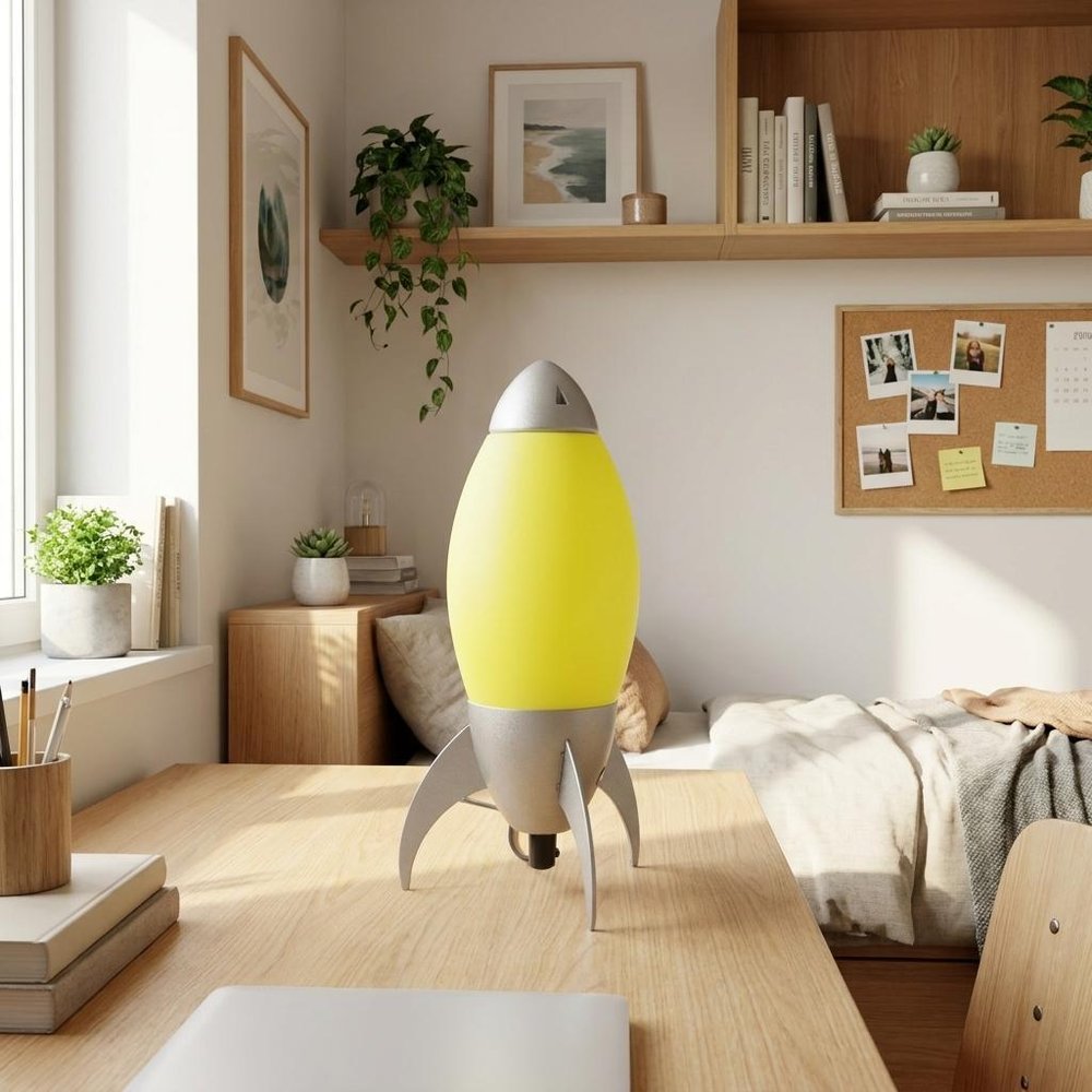 11" Red And Silver Acrylic And Metal Rocket Shaped Bedside Lamp