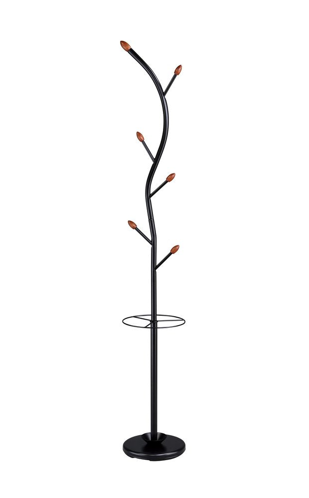 76-Inch-Long Billie Black Tree Coat Rack Walnut Hooks w Umbrella Stand
