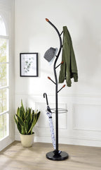 76-Inch-Long Billie Black Tree Coat Rack Walnut Hooks w Umbrella Stand