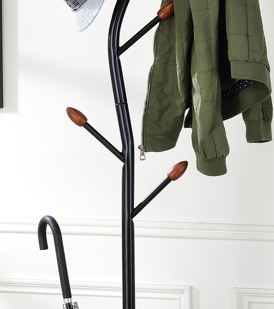 76-Inch-Long Billie Black Tree Coat Rack Walnut Hooks w Umbrella Stand