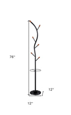 76-Inch-Long Billie Black Tree Coat Rack Walnut Hooks w Umbrella Stand