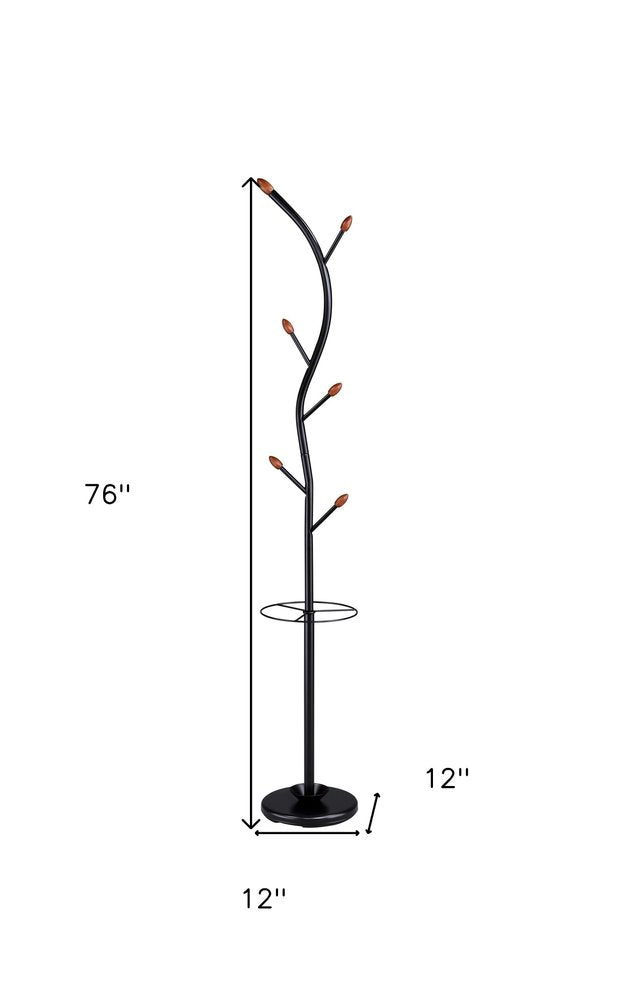 76-Inch-Long Billie Black Tree Coat Rack Walnut Hooks w Umbrella Stand