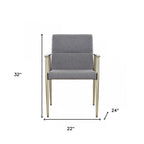 Gray and Antiqued Brass Upholstered Fabric Dining Arm Chair