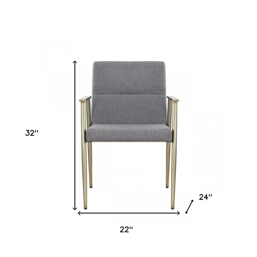 Gray and Antiqued Brass Upholstered Fabric Dining Arm Chair