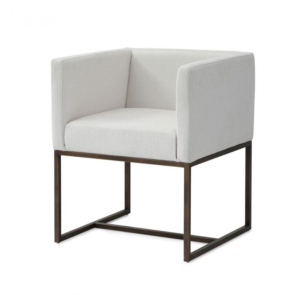 Off White and Antiqued Brass Upholstered Fabric Dining Arm Chair
