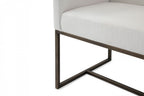 Off White and Antiqued Brass Upholstered Fabric Dining Arm Chair