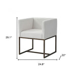 Off White and Antiqued Brass Upholstered Fabric Dining Arm Chair