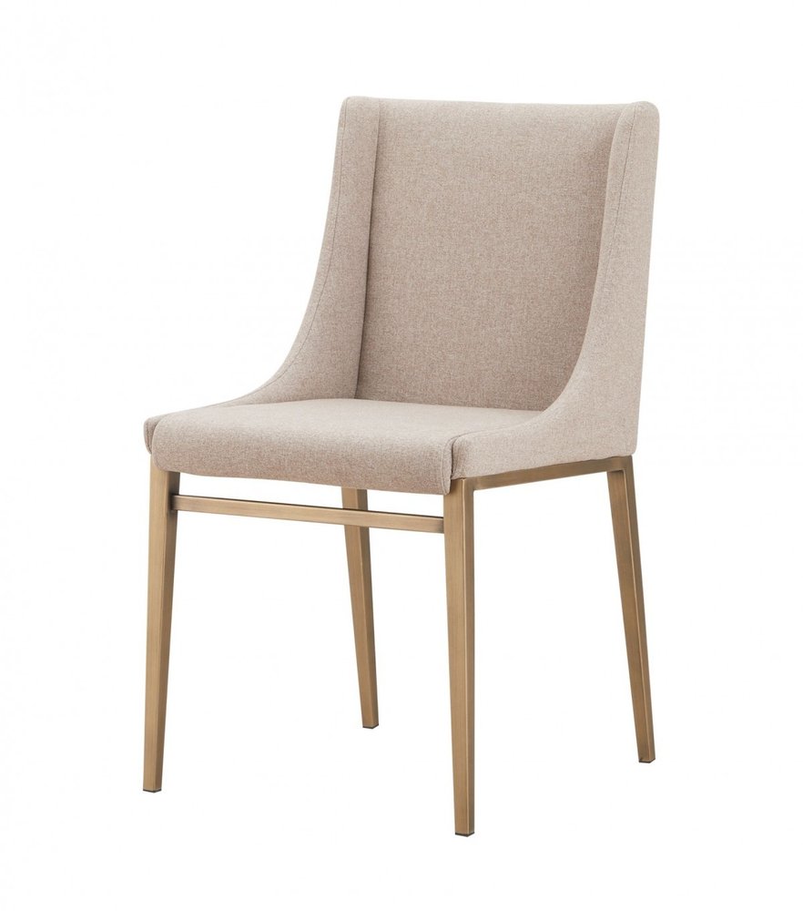 Set of Two Beige and Antiqued Brass Upholstered Fabric Wing Back Dining Side Chairs
