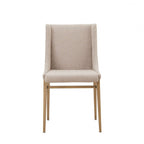 Set of Two Beige and Antiqued Brass Upholstered Fabric Wing Back Dining Side Chairs