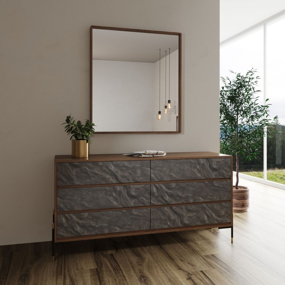 30" Walnut And Grey Manufactured Wood Five Drawer Chest