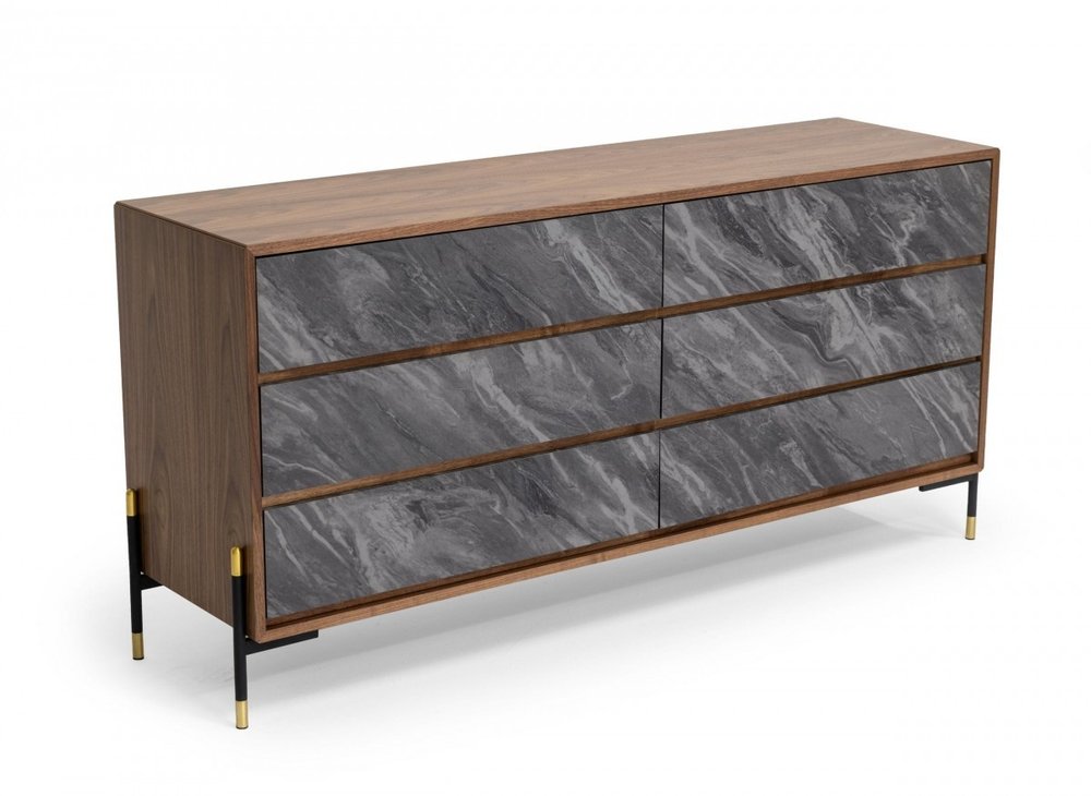 30" Walnut And Grey Manufactured Wood Five Drawer Chest