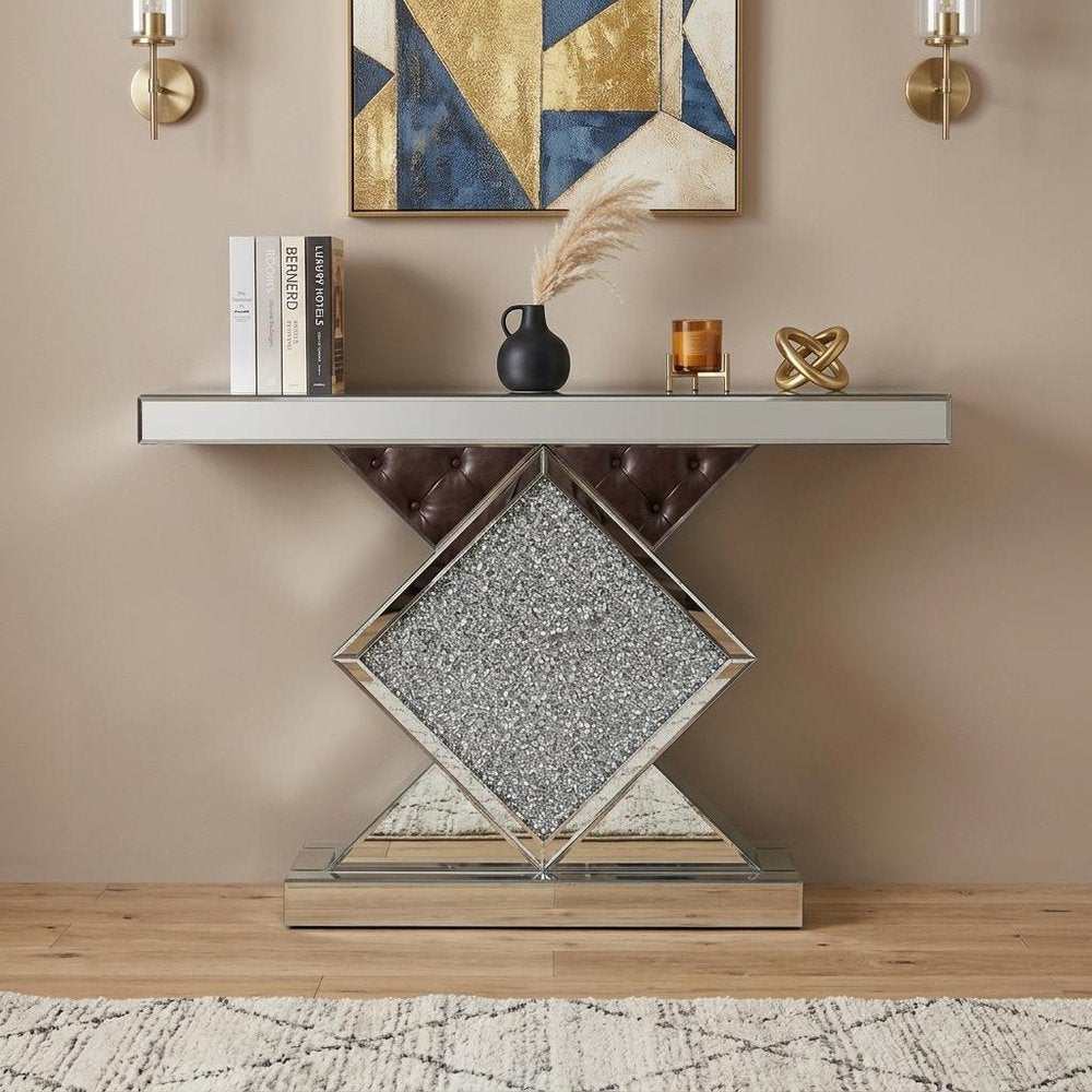 47" Clear and Silver Mirrored Glass And Faux Crystals Pedestal Console Table