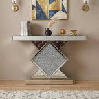 47" Clear and Silver Mirrored Glass And Faux Crystals Pedestal Console Table