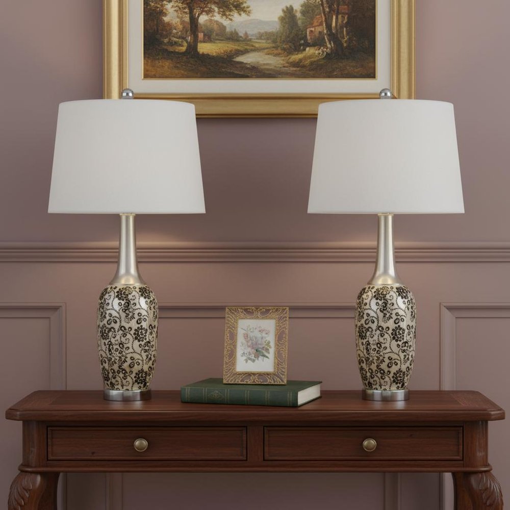 Set Of Two 30" Silver Metal Two Light Bedside Table Lamps With White Globe Shade