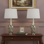 Set Of Two 30" Silver Metal Two Light Bedside Table Lamps With White Globe Shade