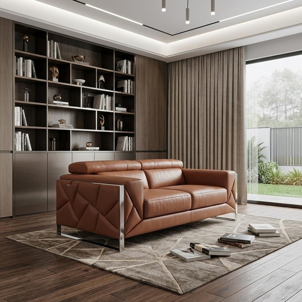 89" White Italian Leather Sofa With Chrome Legs