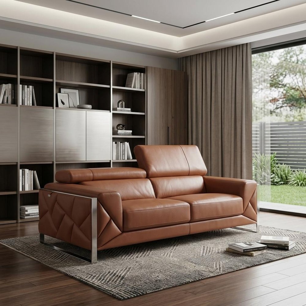 89" White Italian Leather Sofa With Chrome Legs