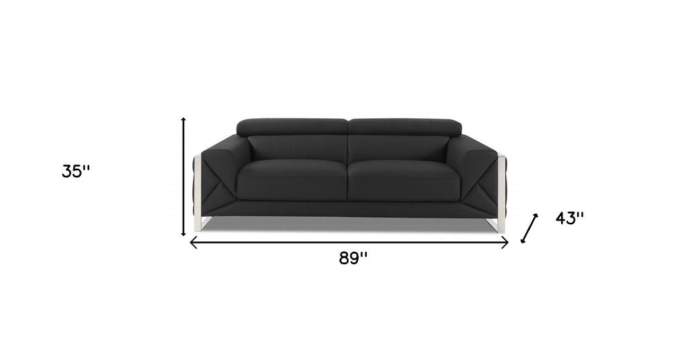 89" White Italian Leather Sofa With Chrome Legs