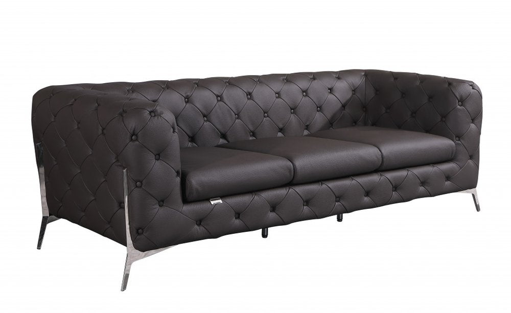 93" Black Italian Leather Chesterfield Sofa With Silver Legs