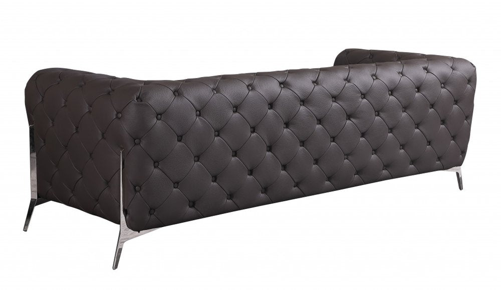 93" Black Italian Leather Chesterfield Sofa With Silver Legs
