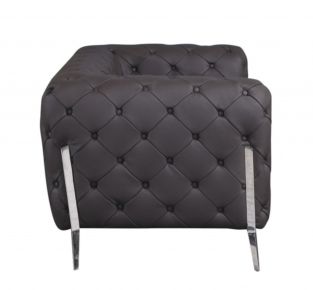 93" Black Italian Leather Chesterfield Sofa With Silver Legs