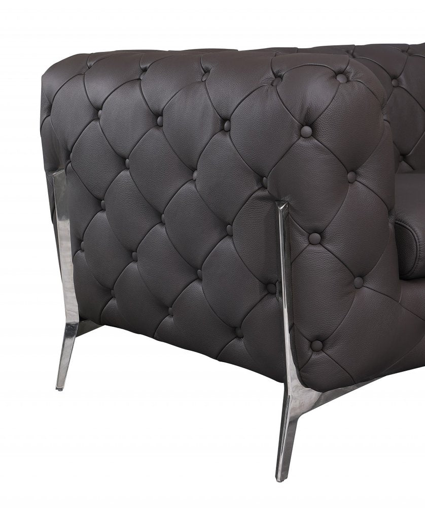 93" Black Italian Leather Chesterfield Sofa With Silver Legs