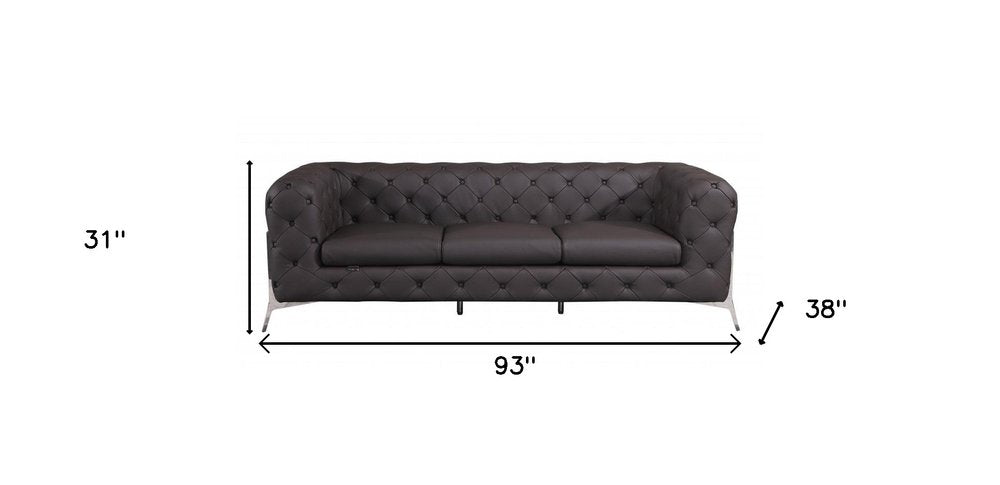 93" Black Italian Leather Chesterfield Sofa With Silver Legs