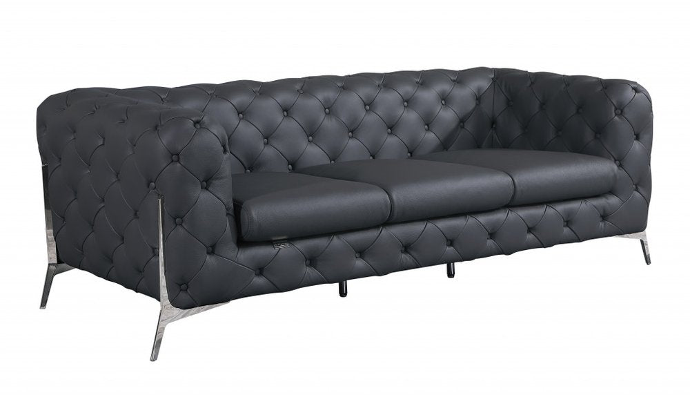 93" Black Italian Leather Chesterfield Sofa With Silver Legs